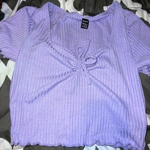 SHEIN Ruched Knot Front Lettuce Trim Rib-knit Top